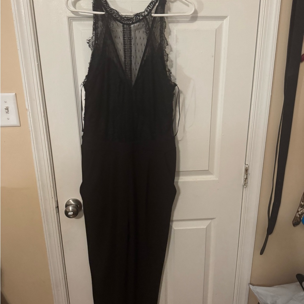 Express Black Lace-Trim Halter Jumpsuit